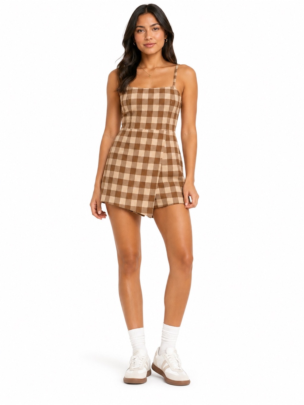 Forever 21 Brown Gingham Plaid Sleeveless Skort Romper Size L BNWT